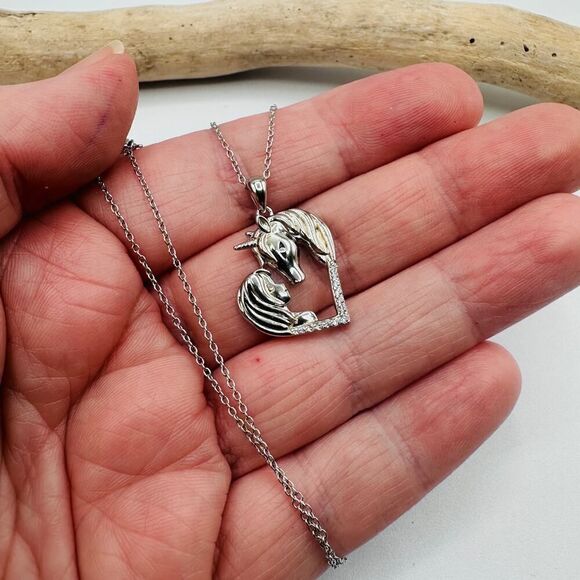 Horse With Girl & Heart CZ Sterling Silver Necklace - Picture 2 of 7